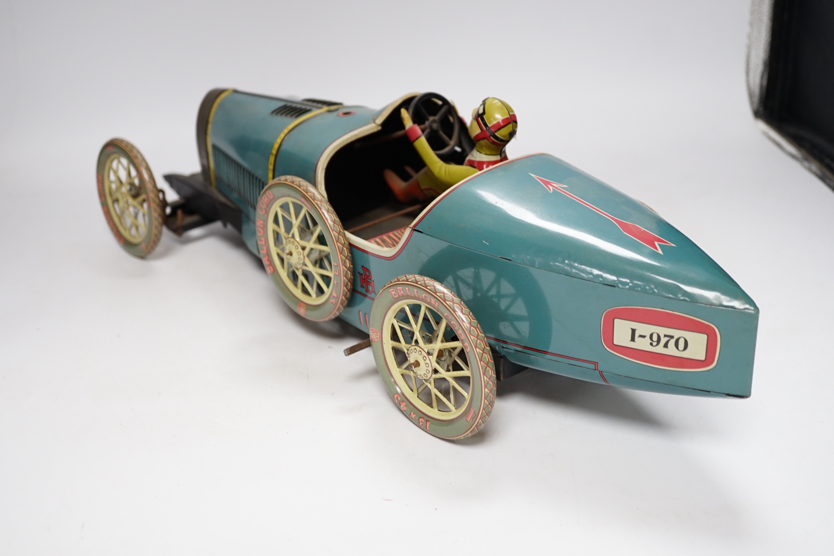 A modern Paya clockwork tinplate Bugatti racing car, 47cm